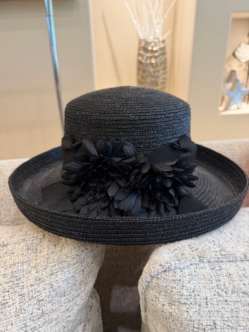 betmar Black Floral Trim Straw Hat